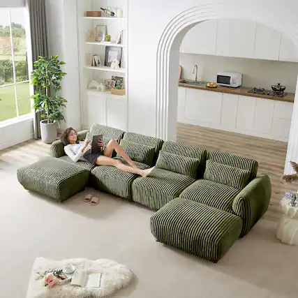 Front. Electra Tech Xpress - Corduroy Fabric Sectional Sofa,Convertible U Shaped Sectional for Living Room,Modular Couch with Removable Ottoman - Green.