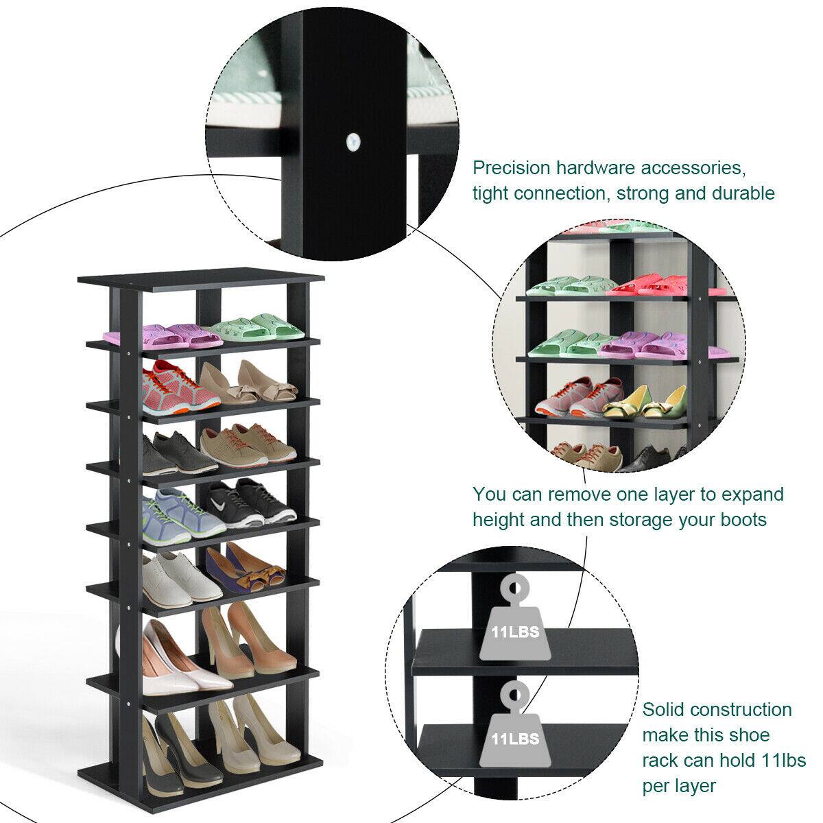 Precision hardware accessories, tight connection, strong and durable

You can remove one layer to expand height and then storage your boots

Solid construction make this shoe rack can hold 11lbs per layer