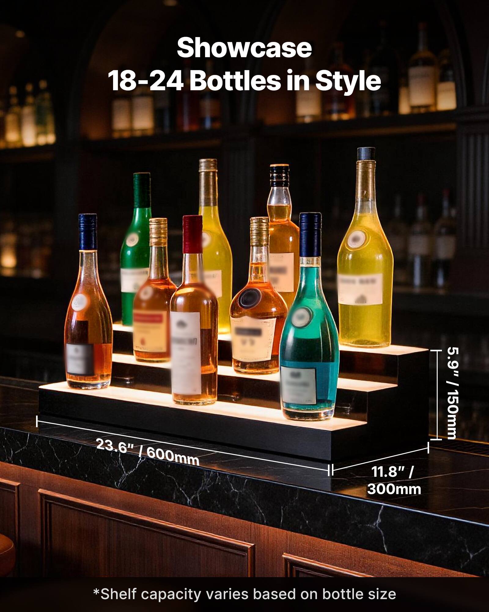 Showcase 18-24 Bottles in Style

23.6" / 600mm  
11.8" / 300mm  
5.9" / 150mm  

*Shelf capacity varies based on bottle size