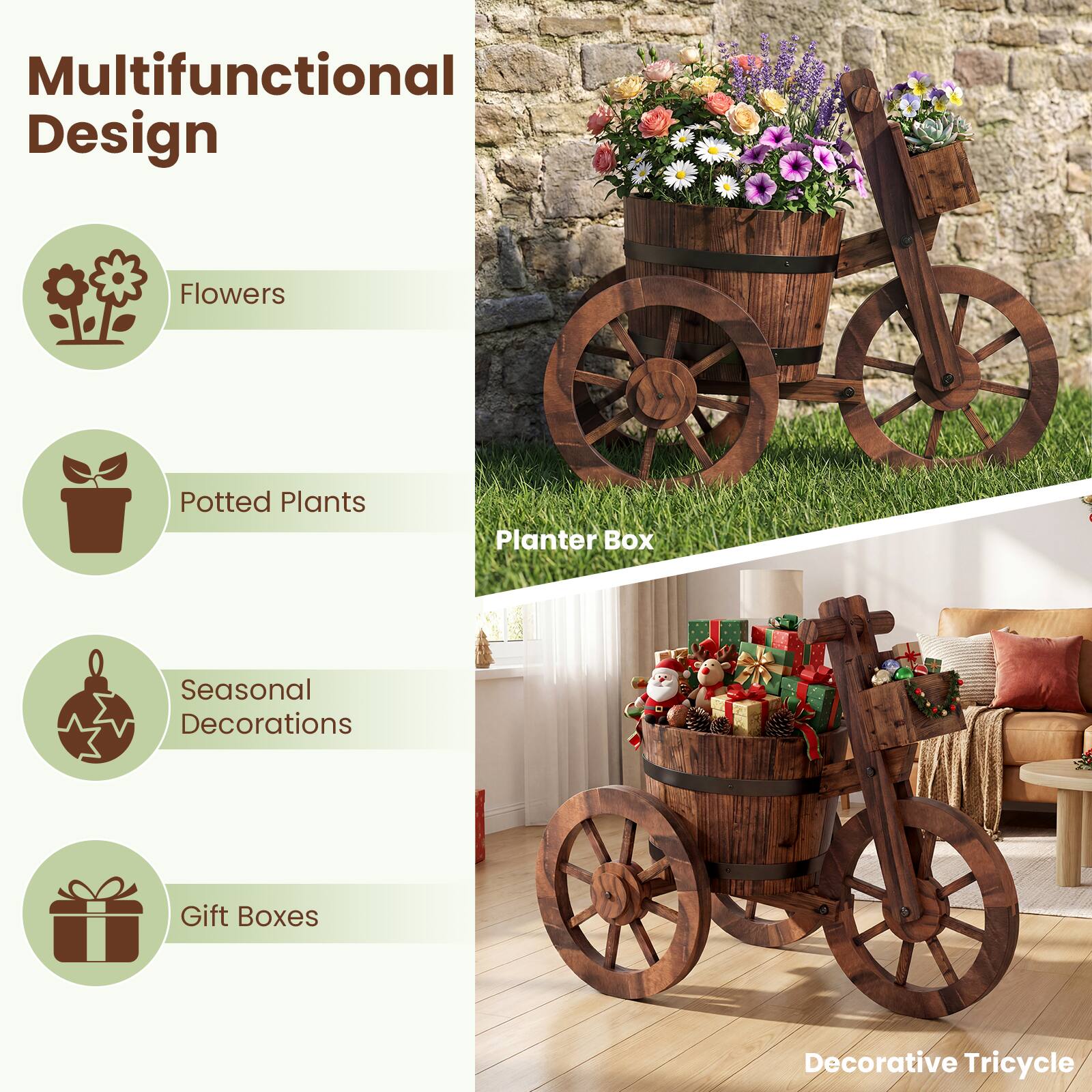 Multifunctional Design

- Flowers
- Potted Plants
- Seasonal Decorations
- Gift Boxes

Planter Box

Decorative Tricycle