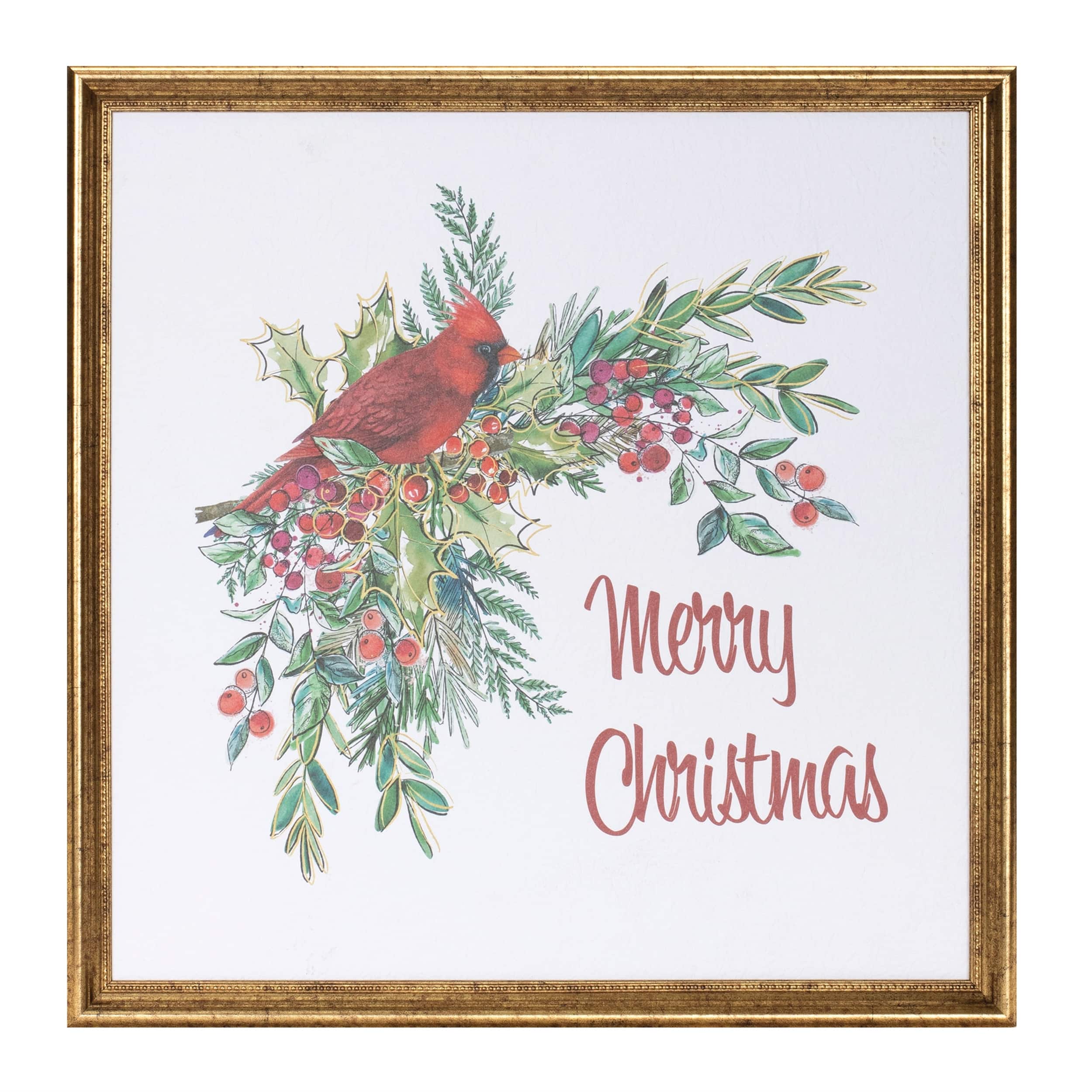 BreeBe - Framed Merry Christmas Cardinal Print 16"SQ - Red, White, Green