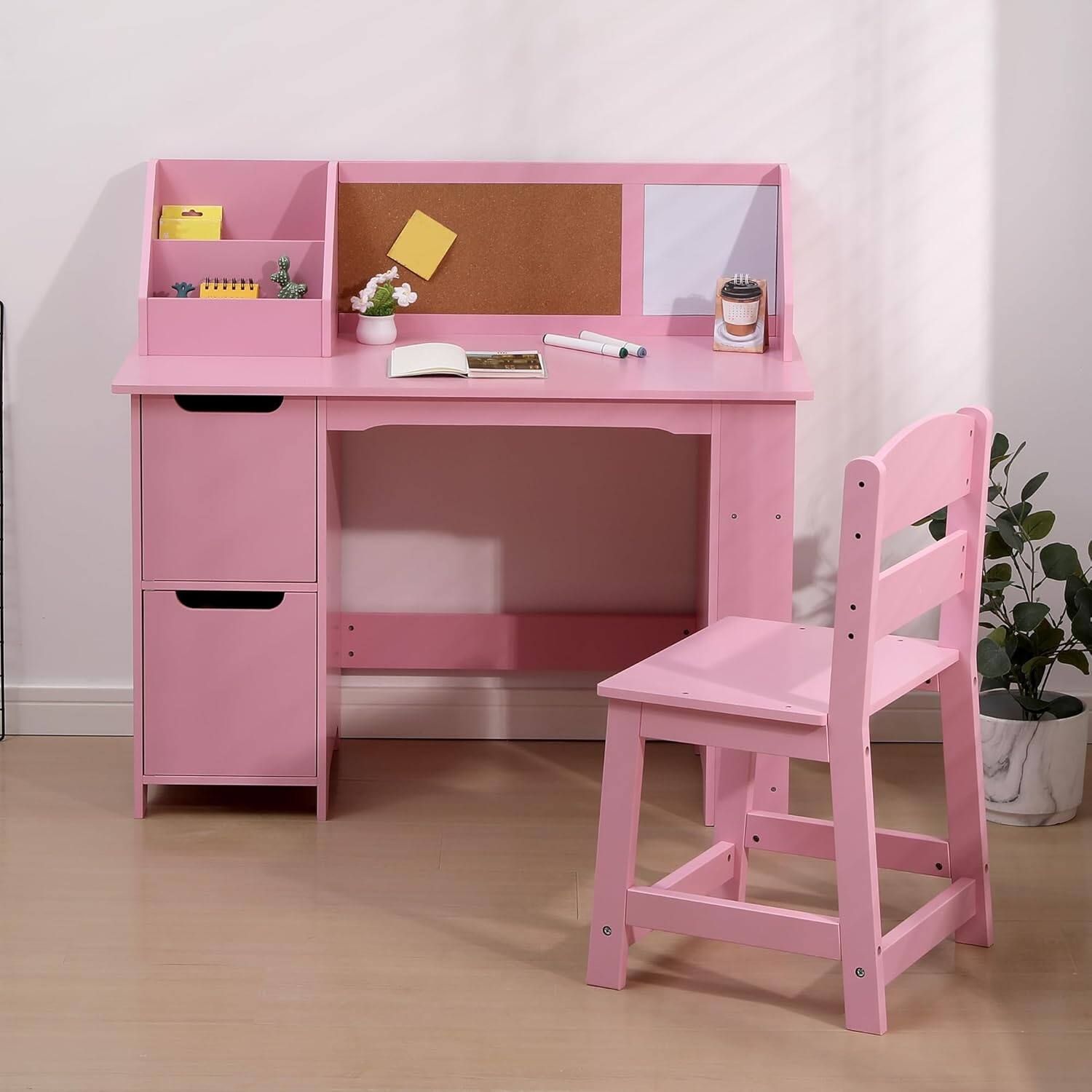Alt View 1. GARVEE - Kids Study Desk and Chair Set, Wooden School Learning Table with Storage, Children Computer Desk with Chair - Pink.