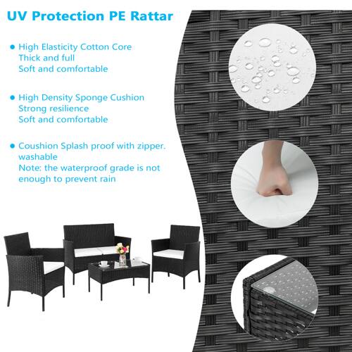 UV Protection PE Rattar

- High Elasticity Cotton Core
  - Thick and full
  - Soft and comfortable

- High Density Sponge Cushion
  - Strong resilience
  - Soft and comfortable

- Cushion Splash proof with zipper, washable
  - Note: the waterproof grade is not enough to prevent rain