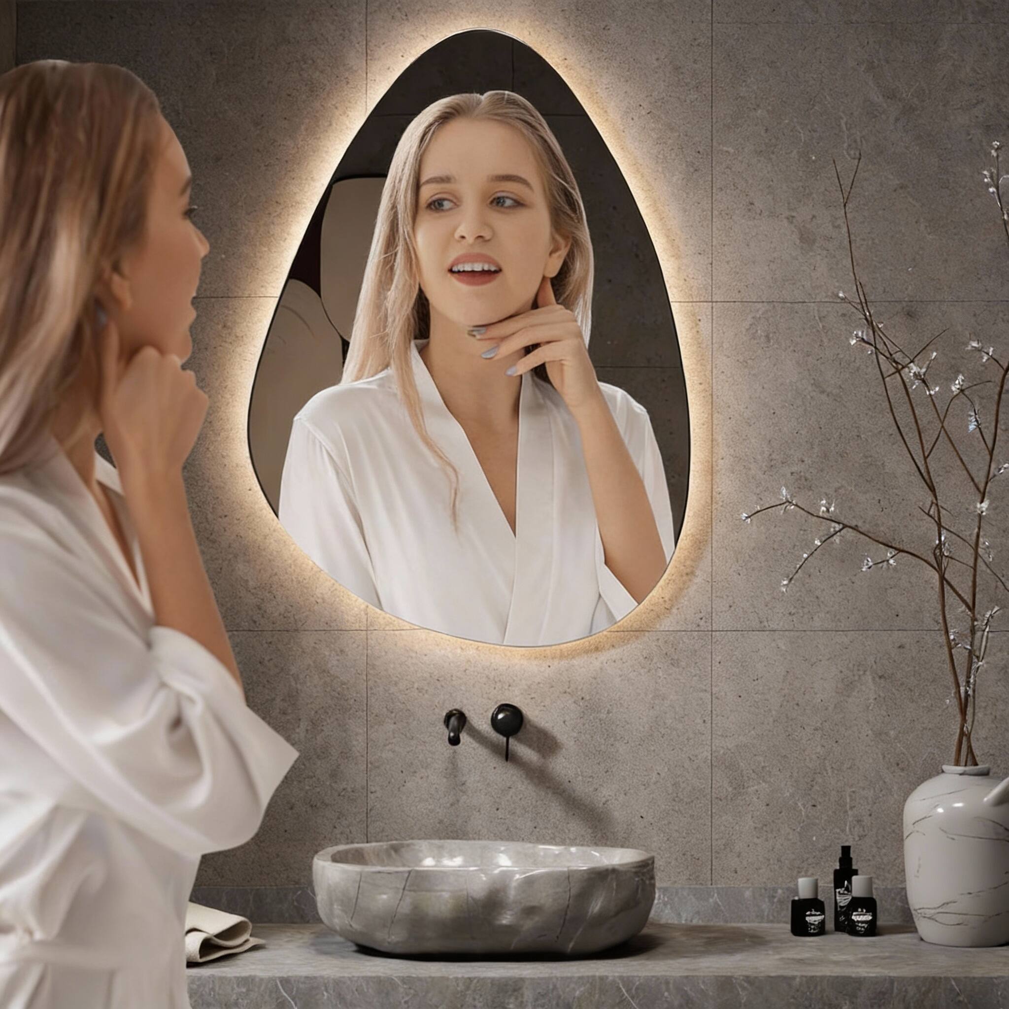 Left. METALTON - Led Mirror For Bathroom Vanity With Lights Human Body Sensing Anti fog Colors And Dimmable Backlit Light Up - 36"L x 28"W.