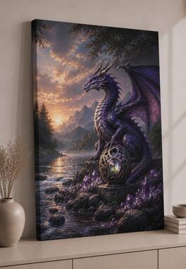 FC Design - Large Amethyst River Dragon Wall Art Canvas Print 24x36" Mountain Lake Fantasy Painting for Home Decor - MultiColor