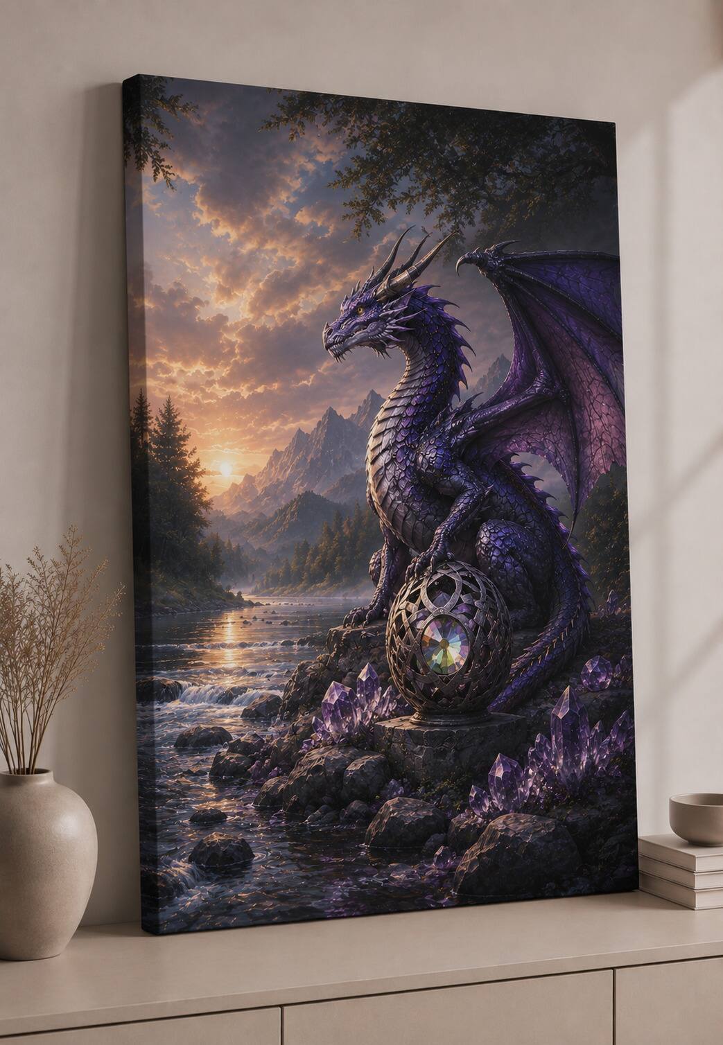 Front. FC Design - Large Amethyst River Dragon Wall Art Canvas Print 24x36" Mountain Lake Fantasy Painting for Home Decor - MultiColor.