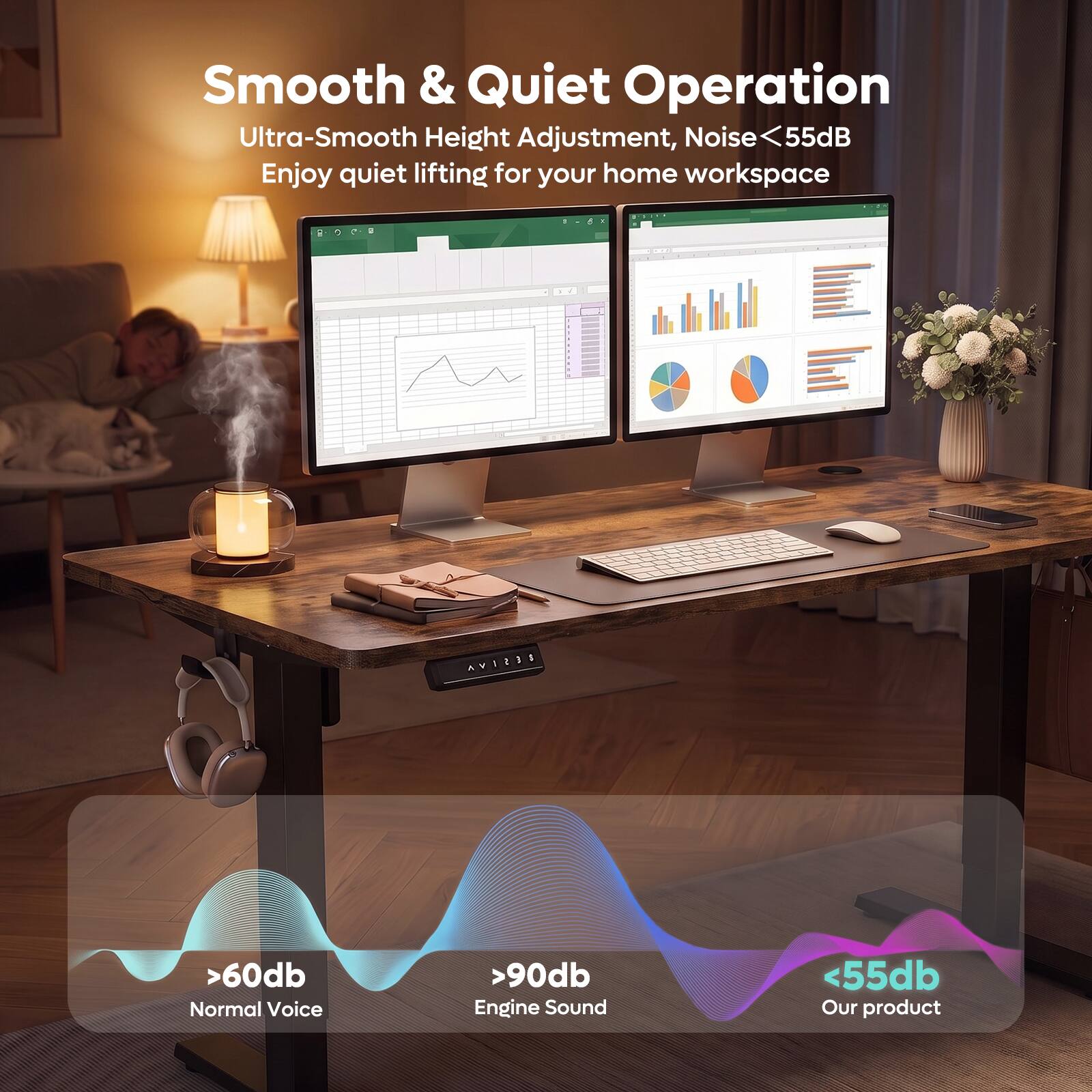 Smooth & Quiet Operation  
Ultra-Smooth Height Adjustment, Noise <55dB  
Enjoy quiet lifting for your home workspace  

>60dB  
Normal Voice  

>90dB  
Engine Sound  

<55dB  
Our product