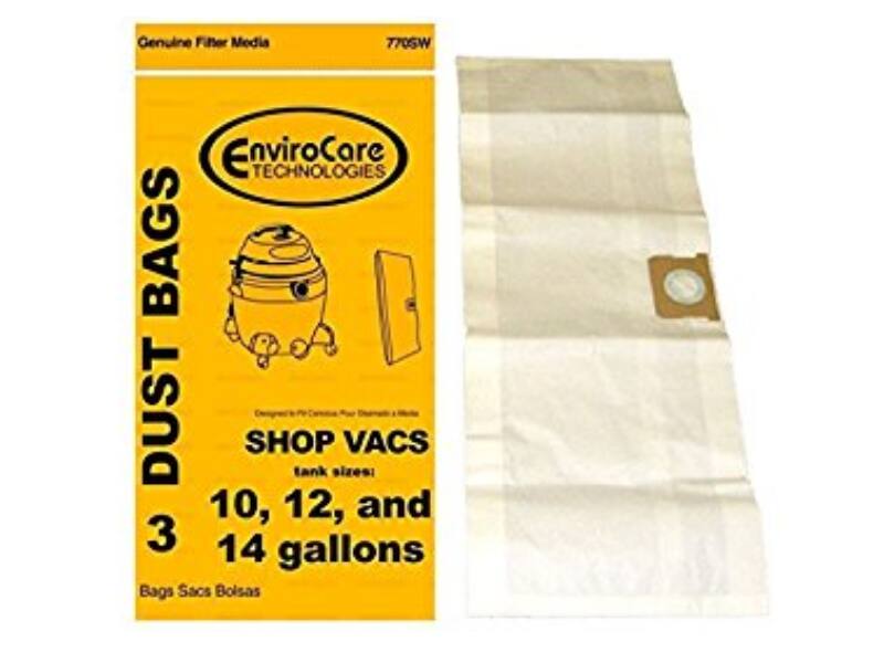 Genuine Filter Media  
EnviroCare TECHNOLOGIES  

DUST BAGS  
3  
SHOP VACS  
Tank sizes: 10, 12, and 14 gallons  
Bags Sacs Bolsas  

7705W