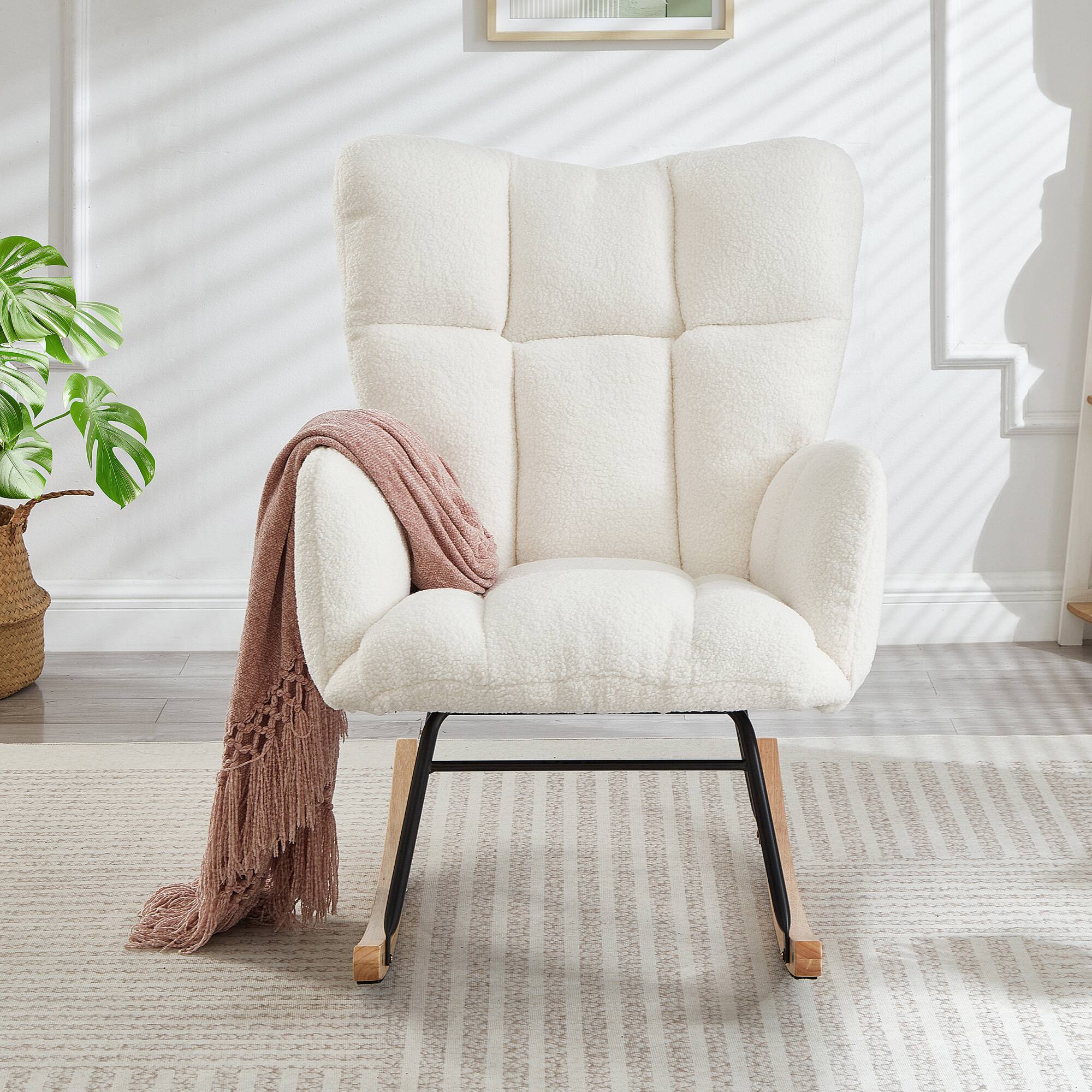 Angle. GOODSILO - Tufted Upholstered Rocking Chair with Ergonomic Design and Soft Teddy Fabric for Living Room or Bedroom - Ivory.
