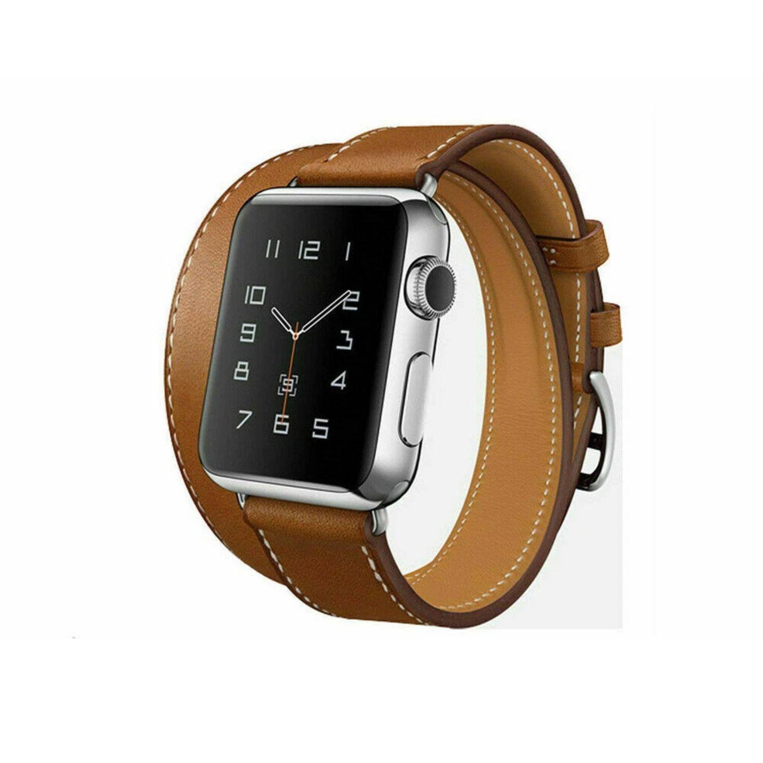 Front. Stock Preferred - Genuine Leather Watch Band with Connector for Apple Watch 38mm – Classic Wrap-Around Strap (280mm, Unisex) - Brown.