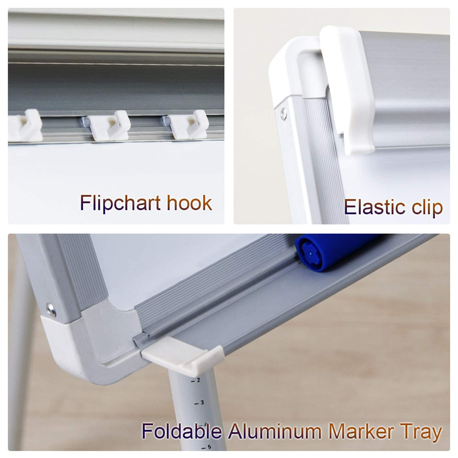 Flipchart hook  
Elastic clip  
Foldable Aluminum Marker Tray