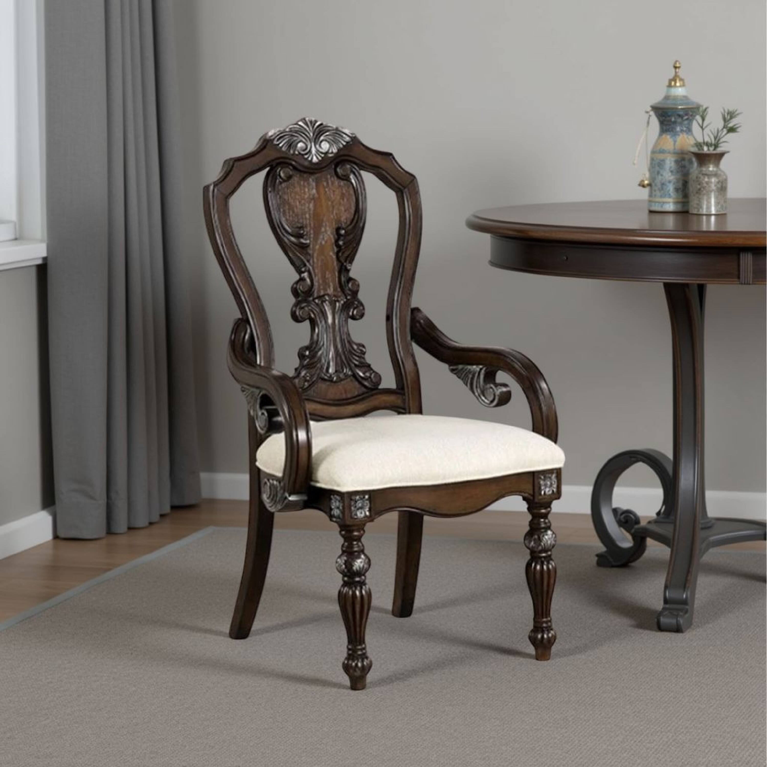 Alt View 5. Manhattan Lane - Naddy Dining Armchair Set of 2, Ornate Corbels - Dark Brown, Cream.