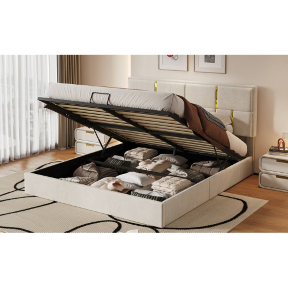 Alt View 2. LUCKY ONE - Queen Size Upholstered Platform Bed with Hydraulic Storage System, Soft Fabric Headboard, No Box Spring Needed - Beige.