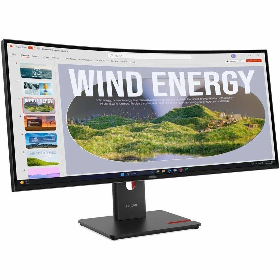 Autodesk Fille Home Insert Draw Design Transitions Animations Slide Show Review View Help. WIND ENERGY of wind into electric- tolic renewable soLADE tO convens the sanetic energy WIND ENERGY energy Or wind energy. i  energy worldwide of the kontera growing energy SOUPCES b using wind turbines Es clean sustoincbe and oe - WHY 3EE RENEWABLE Lenovo