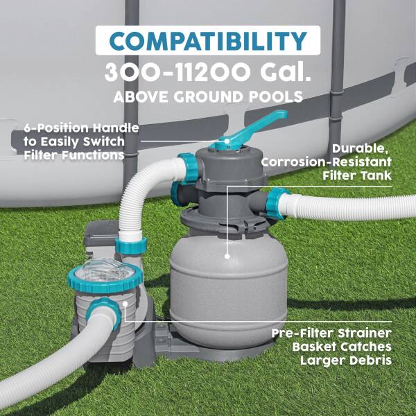 COMPATIBILITY  
300-11200 Gal. ABOVE GROUND POOLS  
6-Position Handle to Easily Switch Filter Functions  
Durable, Corrosion-Resistant Filter Tank  
Pre-Filter Strainer Basket Catches Larger Debris