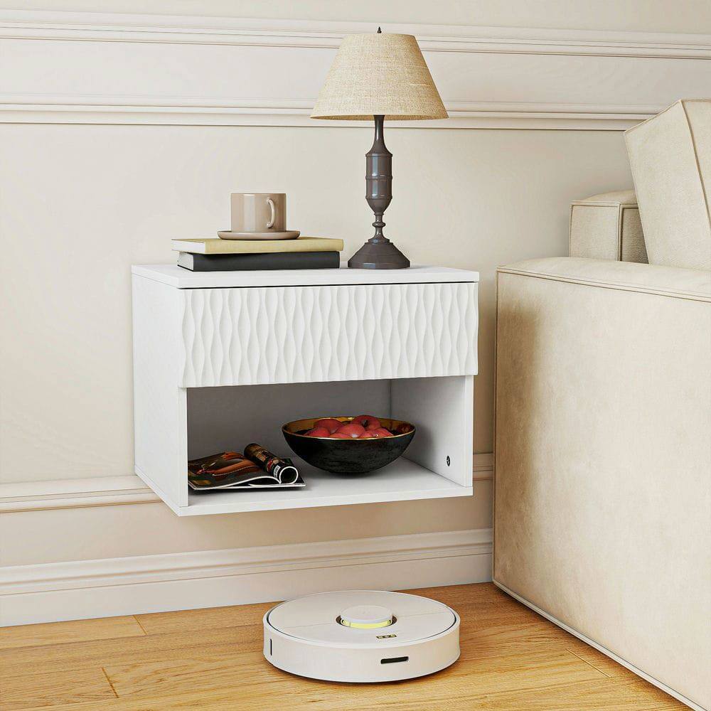 Alt View 9. Kadyn - Wavy-Textured Double-Mounted Wall-Mounted Floating Nightstand with Drawer for Bedroom - White - White.