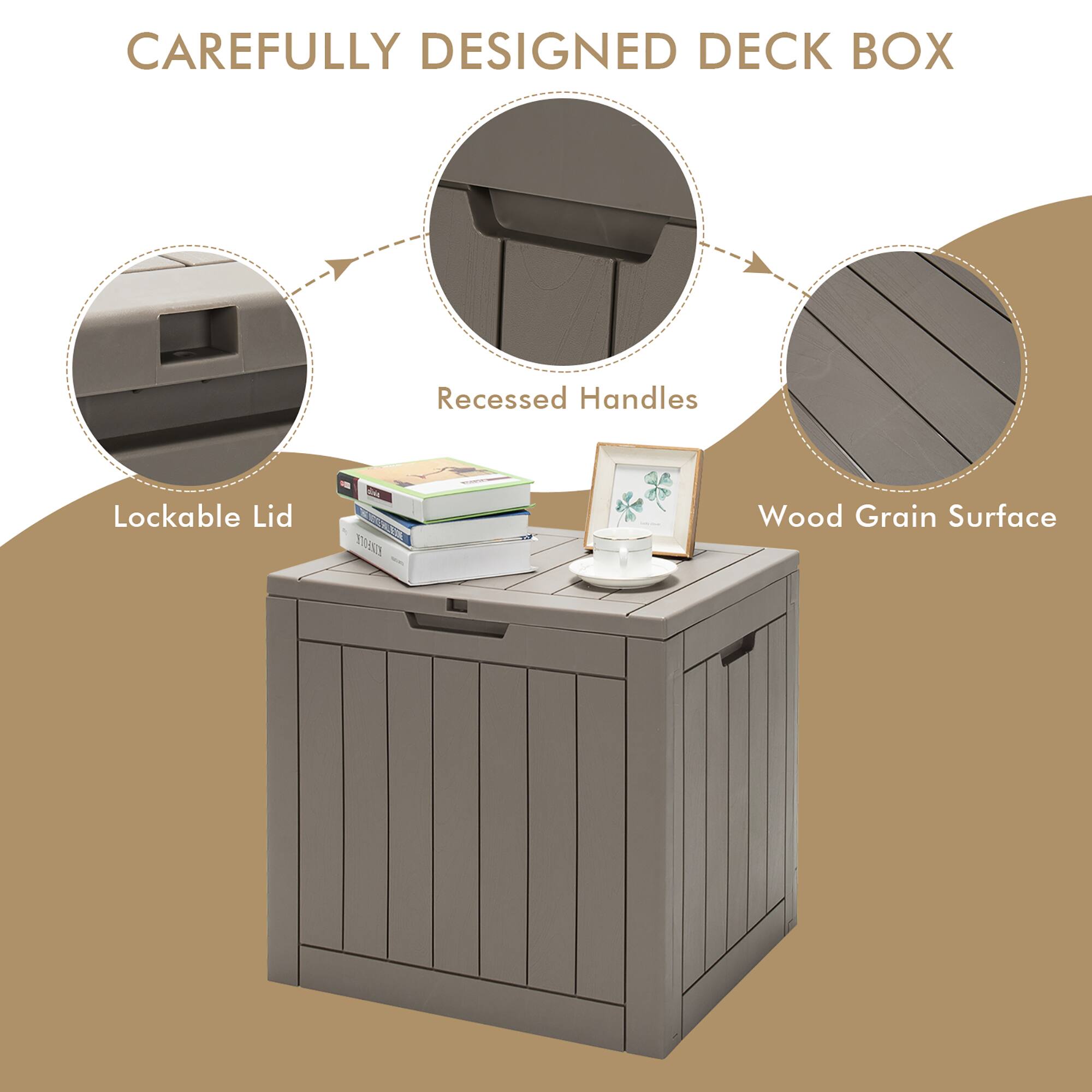 CAREFULLY DESIGNED DECK BOX

- Lockable Lid
- Recessed Handles
- Wood Grain Surface