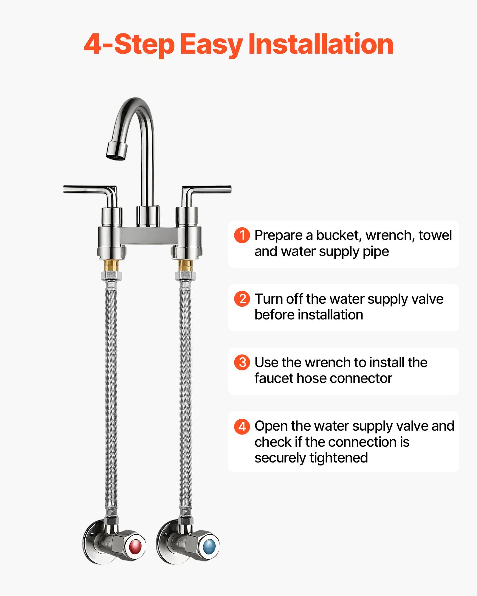 4-Step Easy Installation

1. Prepare a bucket, wrench, towel, and water supply pipe
2. Turn off the water supply valve before installation
3. Use the wrench to install the faucet hose connector
4. Open the water supply valve and check if the connection is securely tightened