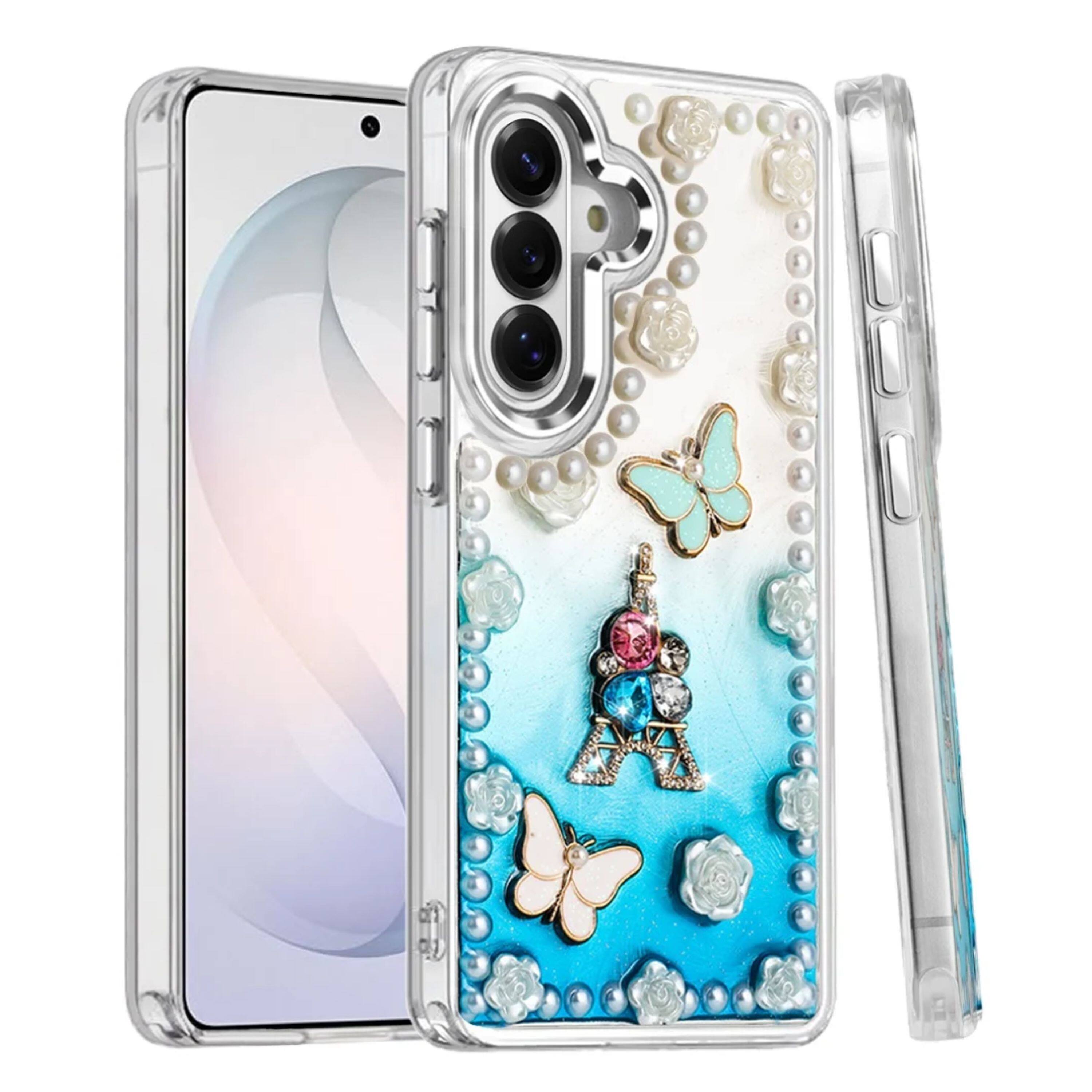 Angle. Kitcheniva - Floral Faux Pearl Trim 3D Charms Phone Case With Tempered Glass For Samsung S26 Blue - Multicolor.