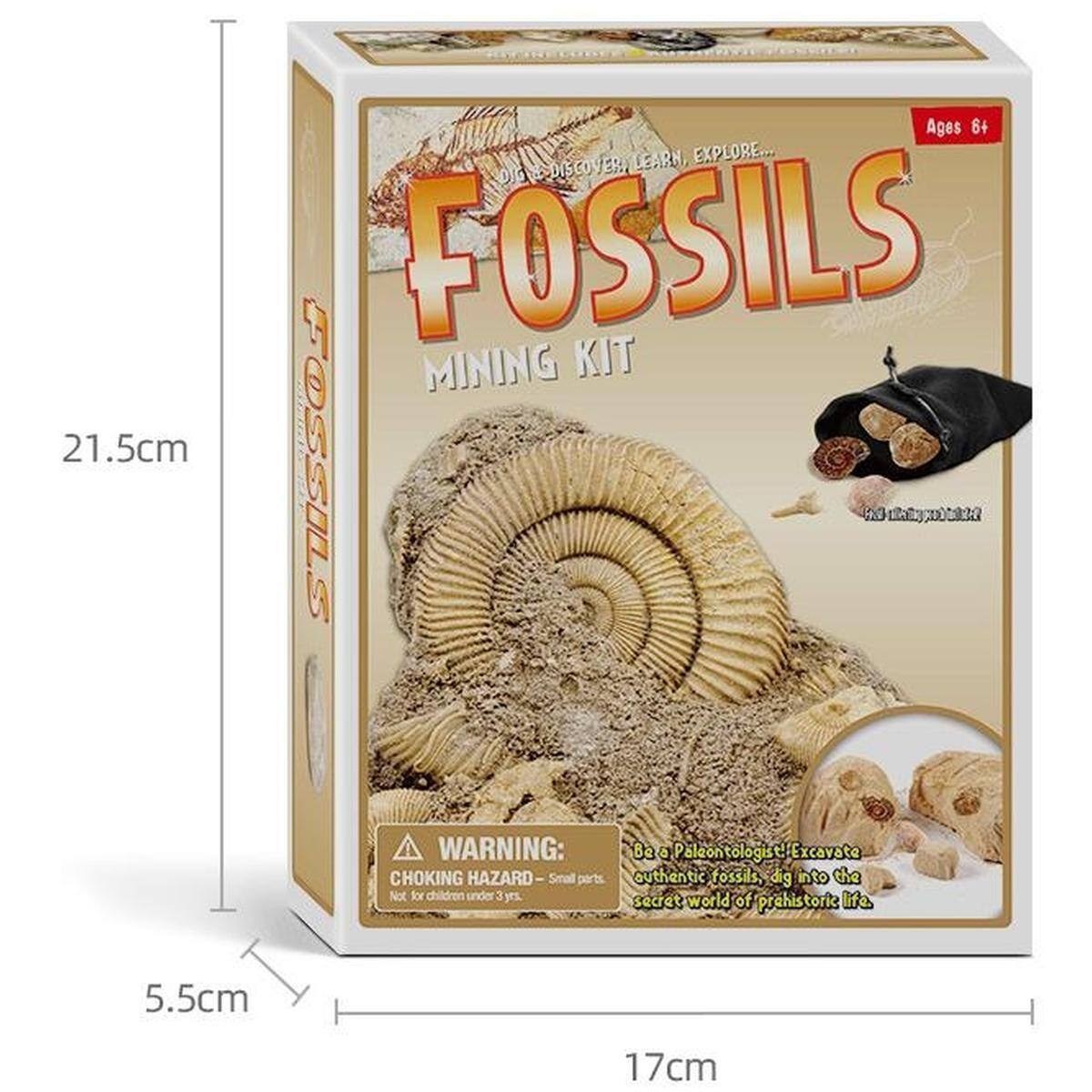 Ages 8+  
DISCOVER, LEARN, EXPLORE...  
FOSSILS  
MINING KIT  

Be a Paleontologist! Excavate authentic fossils, dig into the secret world of prehistoric life.  

WARNING: CHOKING HAZARD - Small parts. Not for children under 3 years.  

21.5cm  
17cm  
5.5cm