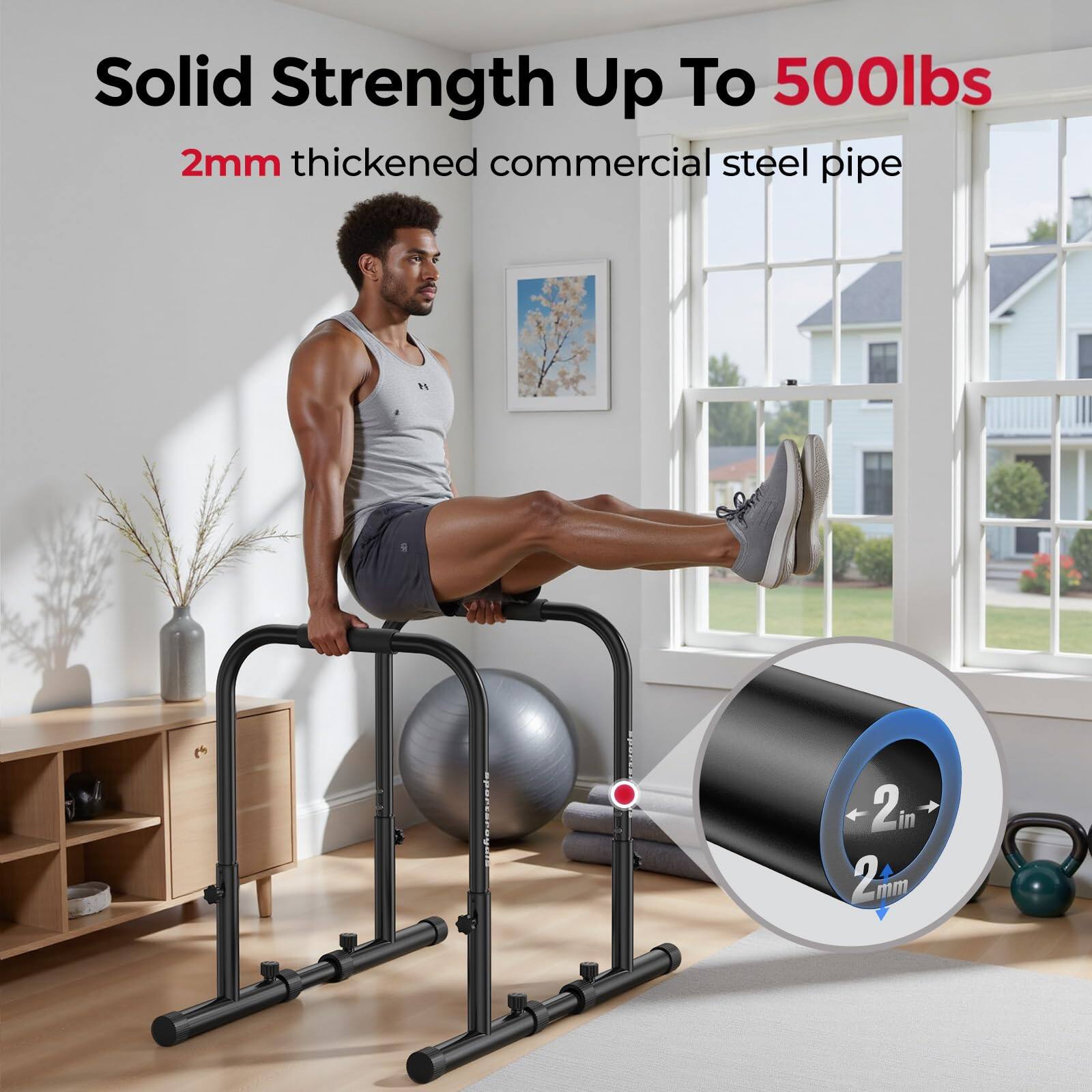 Solid Strength Up To 500lbs  
2mm thickened commercial steel pipe  
2in 24m