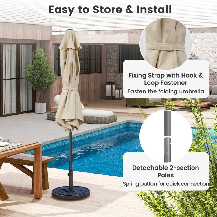Easy to Store & Install

Fixing Strap with Hook & Loop Fastener
Fasten the folding umbrella

Detachable 2-section Poles
Spring button for quick connection