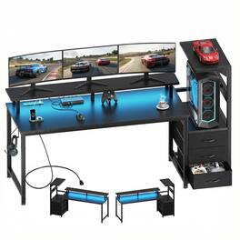 Anysun - 59-inch gaming table with drawers and 3 fabric drawers, equipped with USB ports and LED lights for the computer desk - Black