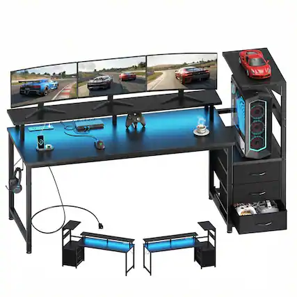 Front. Anysun - 59-inch gaming table with drawers and 3 fabric drawers, equipped with USB ports and LED lights for the computer desk - Black.