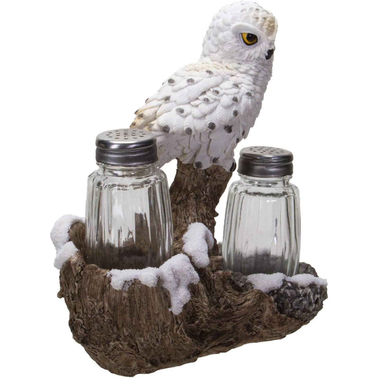 Back. Pacific Trading - Snow White Owlet Owl On Snowy Branch Glass Salt Pepper Shakers with Holder - White.