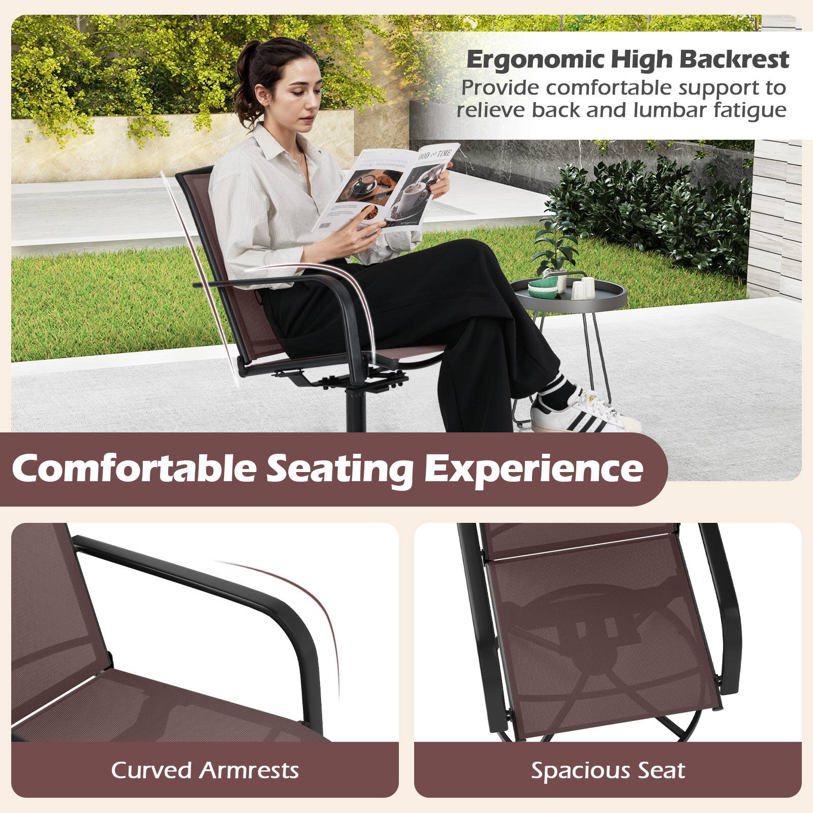 Ergonomic High Backrest  
Provide comfortable support to relieve back and lumbar fatigue

Comfortable Seating Experience  
Curved Armrests  
Spacious Seat