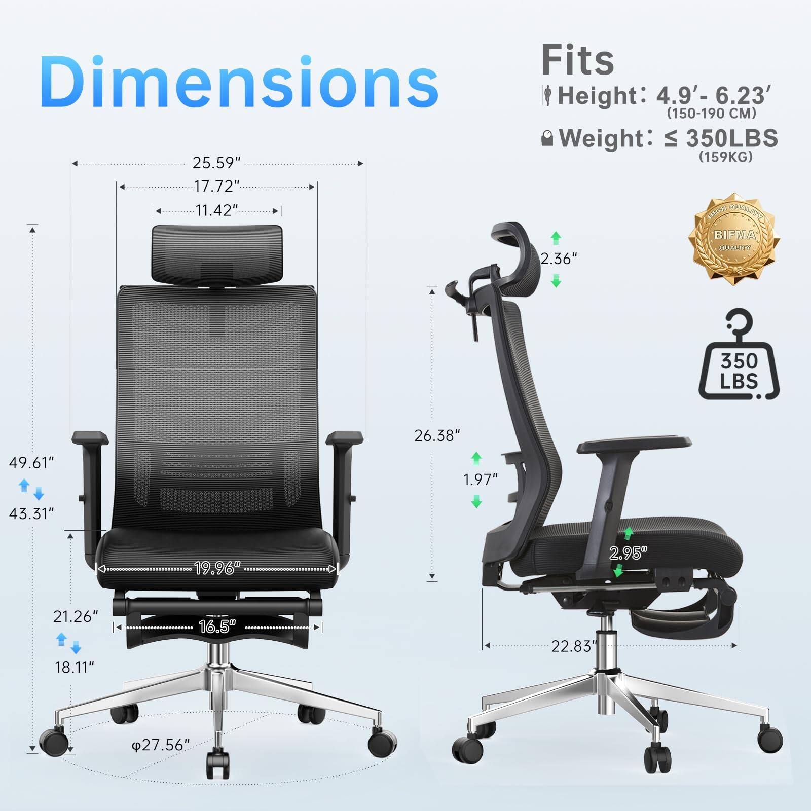 Sure, here is the corrected and grouped text:

---

**Dimensions**

- Height: 4.9' - 6.23' (150-190 CM)
- Weight: ≤ 350 LBS (159 KG)

**Dimensions:**

- Height: 49.61"
- Width: 25.59"
- Depth: 26.38"
- Seat Height: 18.11"
- Seat Depth: 19.96"
- Armrest Height: 2.36"
- Armrest Width: 22.83"
- Back Height: 25.59"
- Back Width: 17.72"
- Back Depth: 11.42"
- Base Diameter: 27.56"
- Seat Width: 19.96"
- Seat Depth: 16.5"
- Seat Height: 18.11"
- Armrest Height: 2.36"
- Armrest Width: 22.83"
- Back Height: 25.59"
- Back Width: 17.72"
-