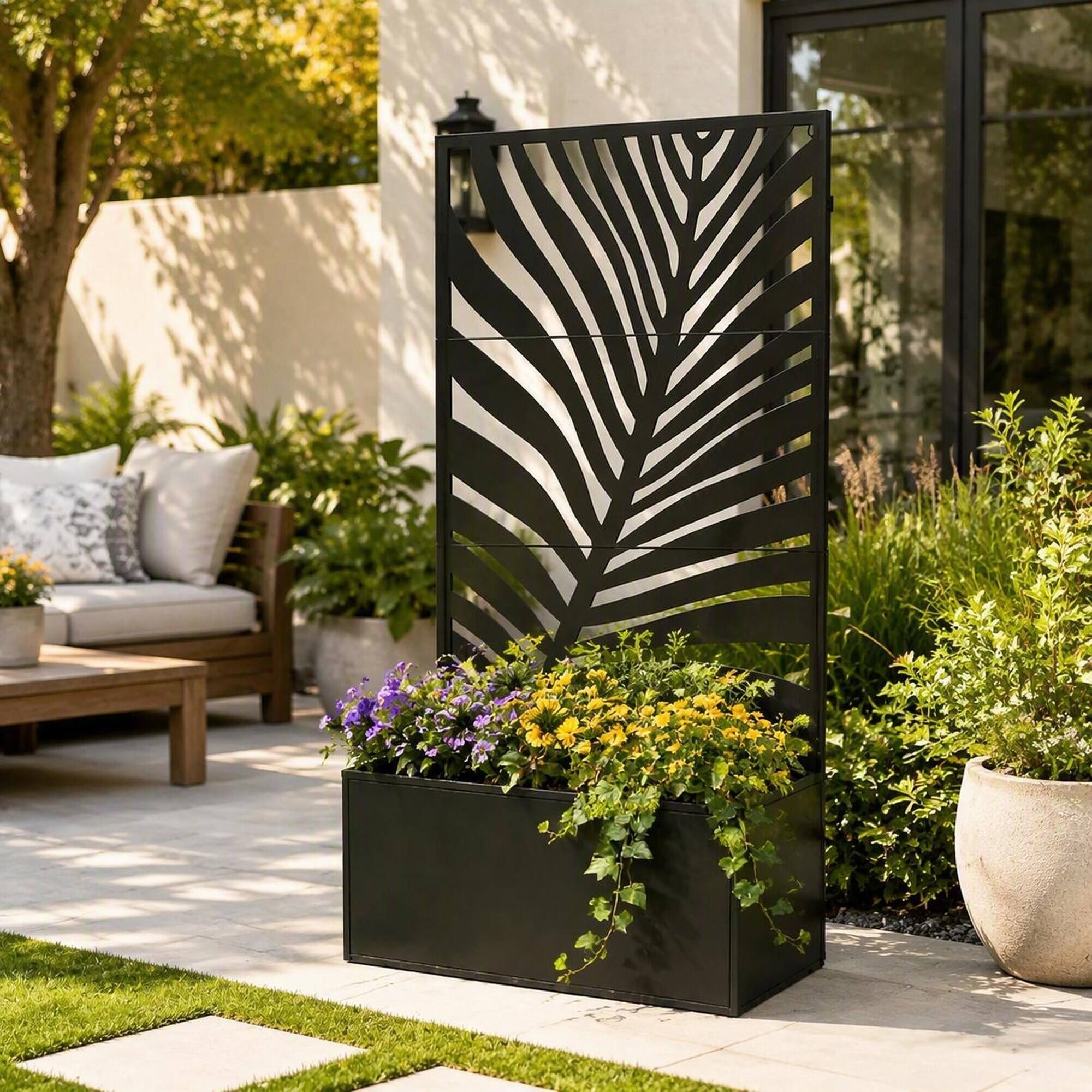Left. RYHNUYNE - Outdoor Raised Garden Bed with Leaf Privacy Screen and Tall Trellis, 32-Gallon Metal Planter Box for Patio - Black.
