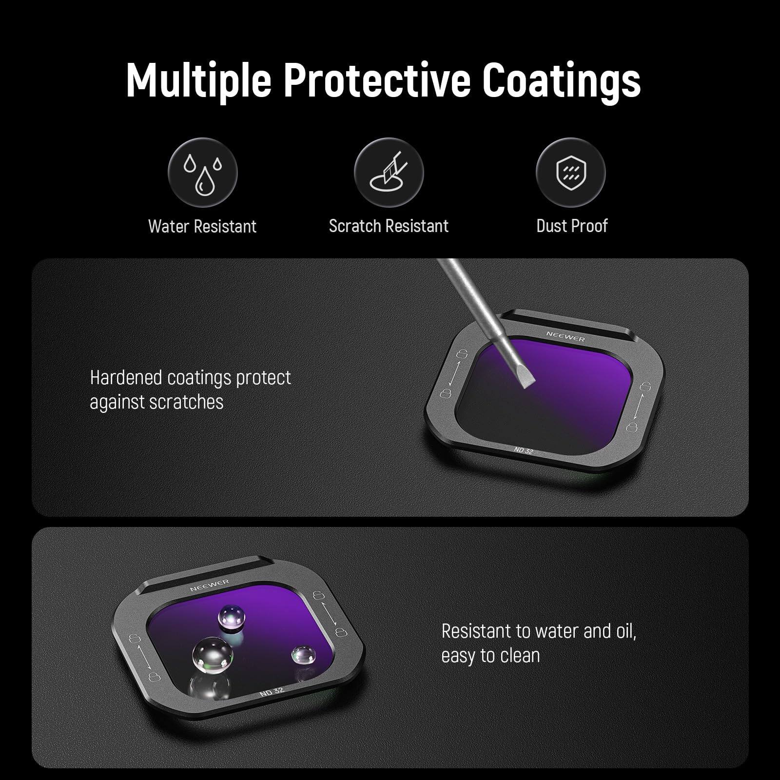 Multiple Protective Coatings

- Water Resistant
- Scratch Resistant
- Dust Proof

Hardened coatings protect against scratches

Resistant to water and oil, easy to clean