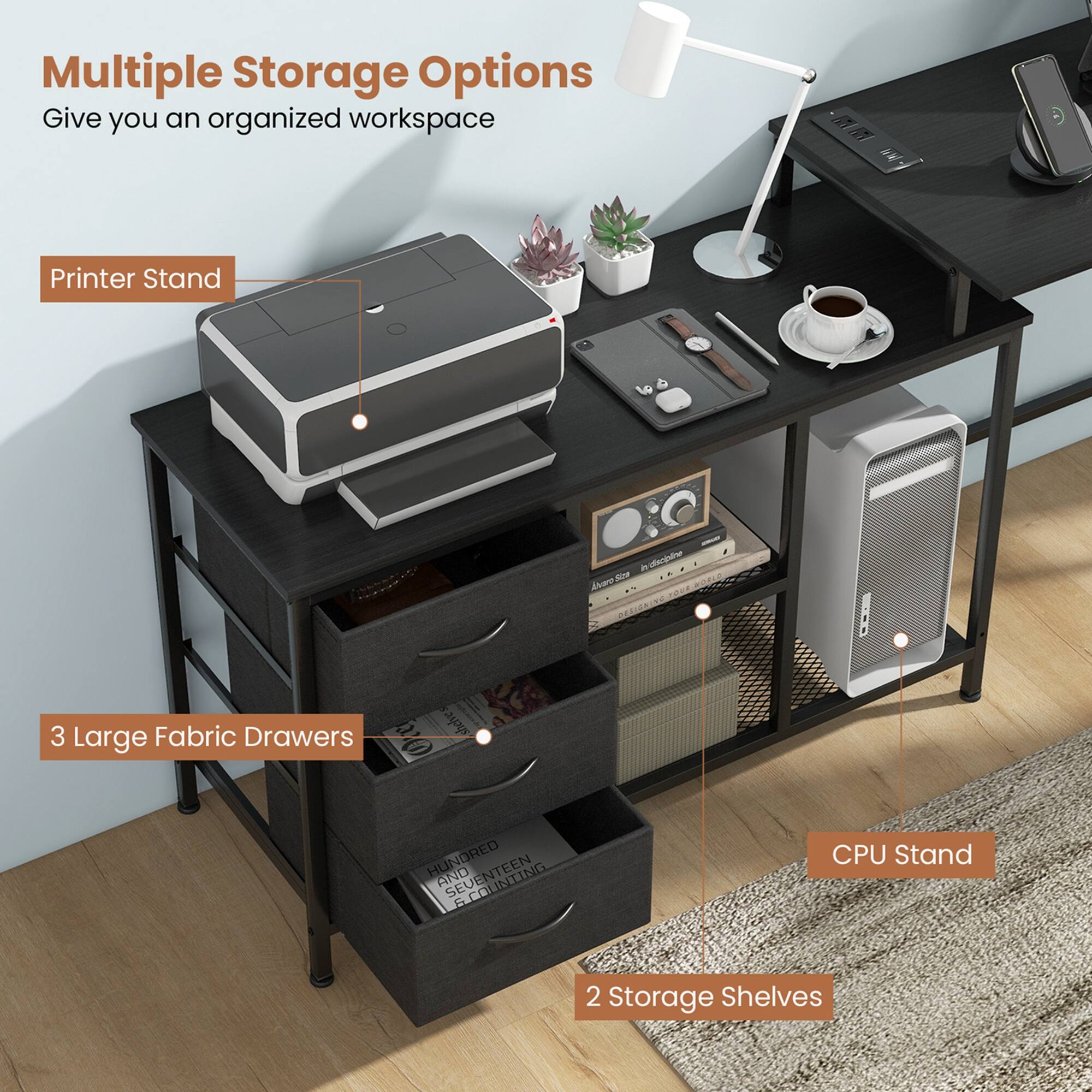 Multiple Storage Options, Give you an organized workspace, Printer Stand, 3 Large Fabric Drawers, CPU Stand, 2 Storage Shelves