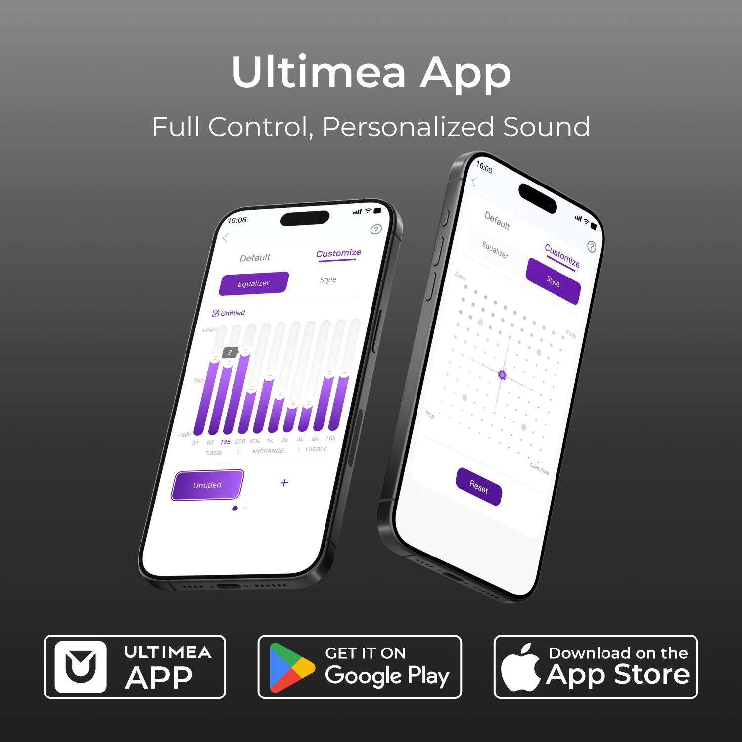 Ultimea App  
Full Control, Personalized Sound  

Default Equalizer  
Customize Style  

Untitled  

GET IT ON Google Play  
Download on the App Store
