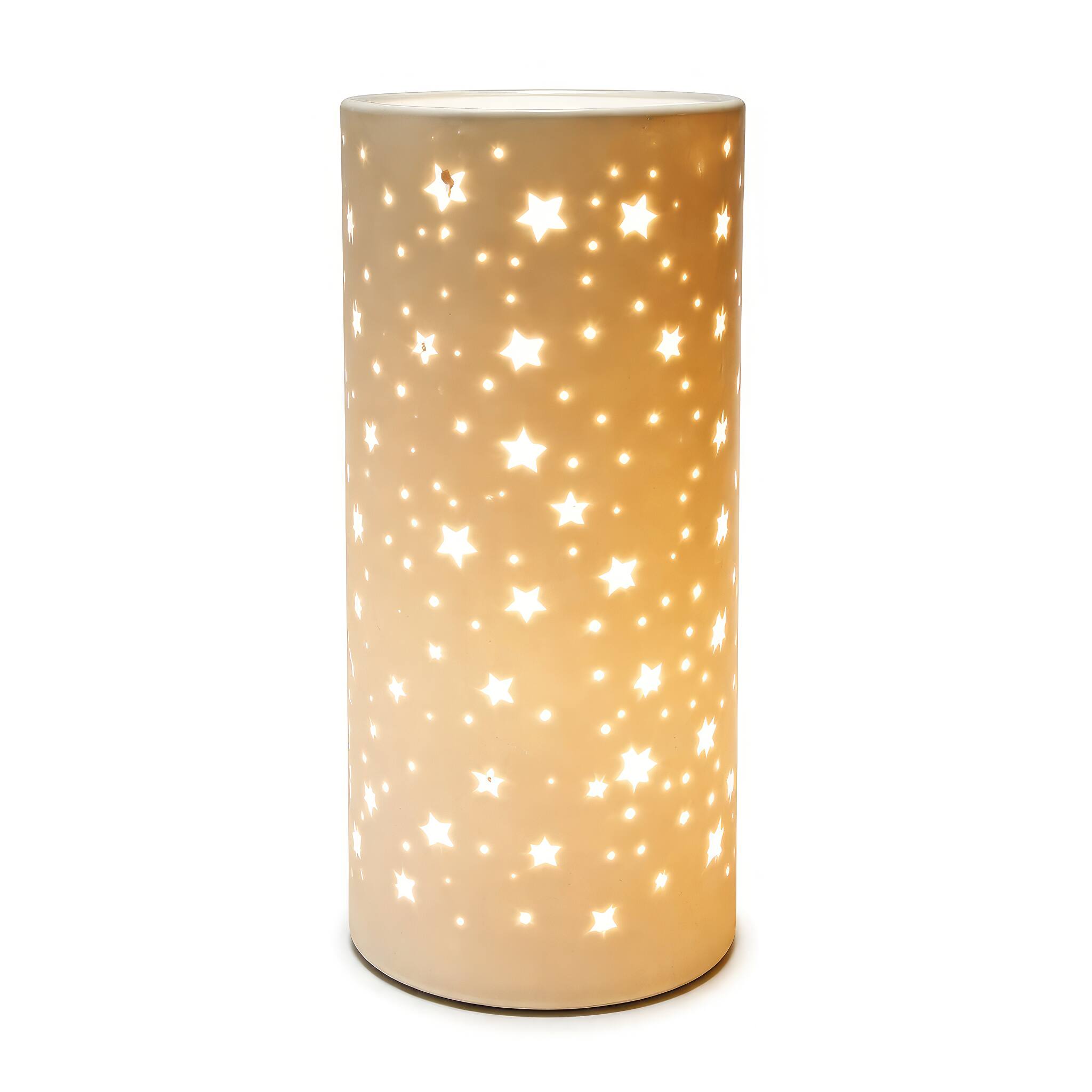 Angle. FC Design - 11"H Golden Cylinder w/ Starry Cutout Glow Design Table Lamp.