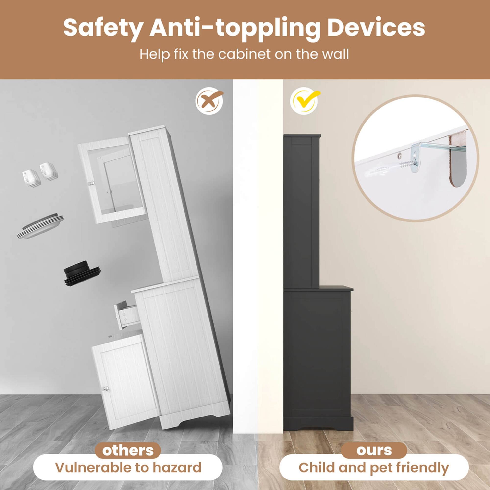 Safety Anti-toppling Devices: Help fix the cabinet on the wall. Others: Vulnerable to hazard. Our: Child and pet friendly.