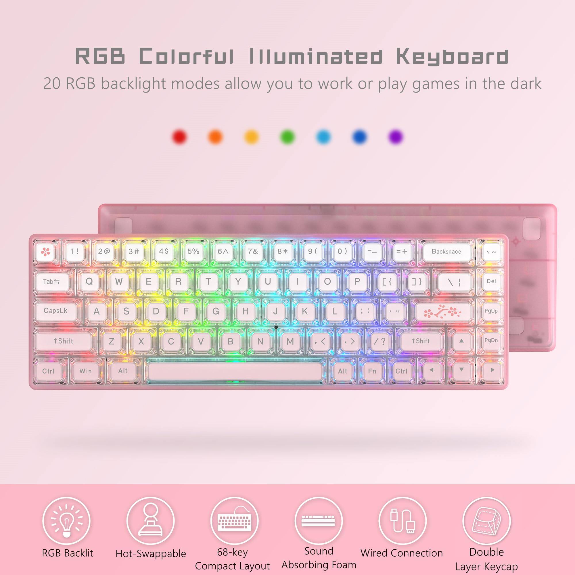RGB Colorful Illuminated Keyboard

20 RGB backlight modes allow you to work or play games in the dark

- RGB Backlit
- Hot-Swappable
- 68-key Compact Layout
- Sound
- Wired Connection
- Double Layer Keycap
- Absorbing Foam