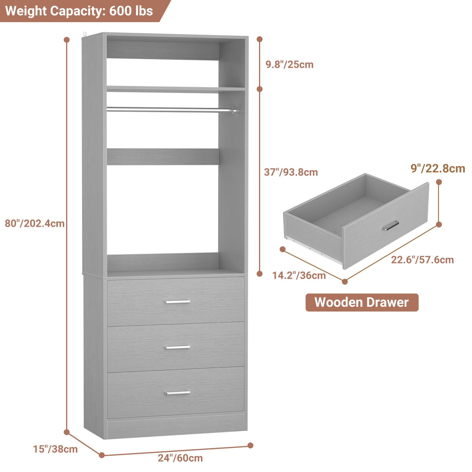 Weight Capacity: 600 lbs

- 9.8"/25cm
- 37"/93.8cm
- 9"/22.8cm
- 80"/202.4cm
- 14.2"/36cm
- 22.6"/57.6cm

Wooden Drawer

- 15"/38cm
- 24"/60cm