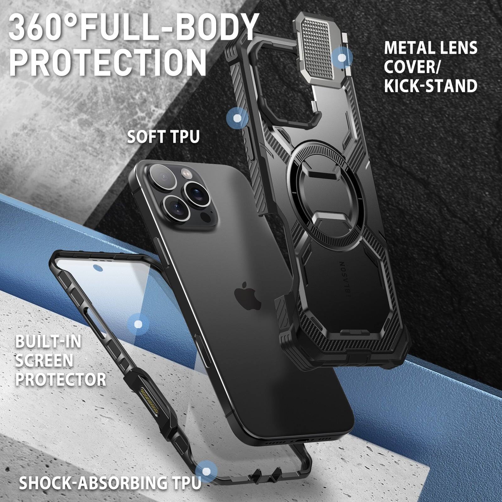 360° FULL-BODY PROTECTION

- METAL LENS COVER/KICK-STAND
- SOFT TPU
- BUILT-IN SCREEN PROTECTOR
- SHOCK-ABSORBING TPU