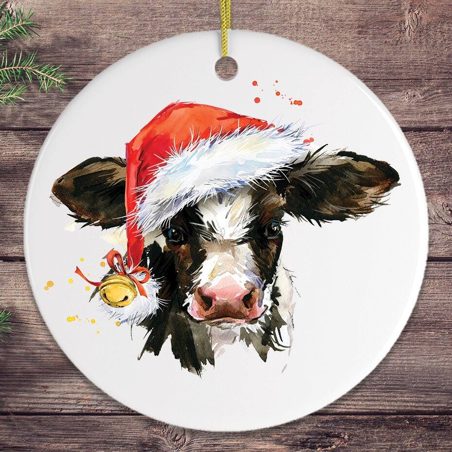 Back. OrnamentallyYou - Watercolor Cow Christmas Ornament Circle - Multi-colored.