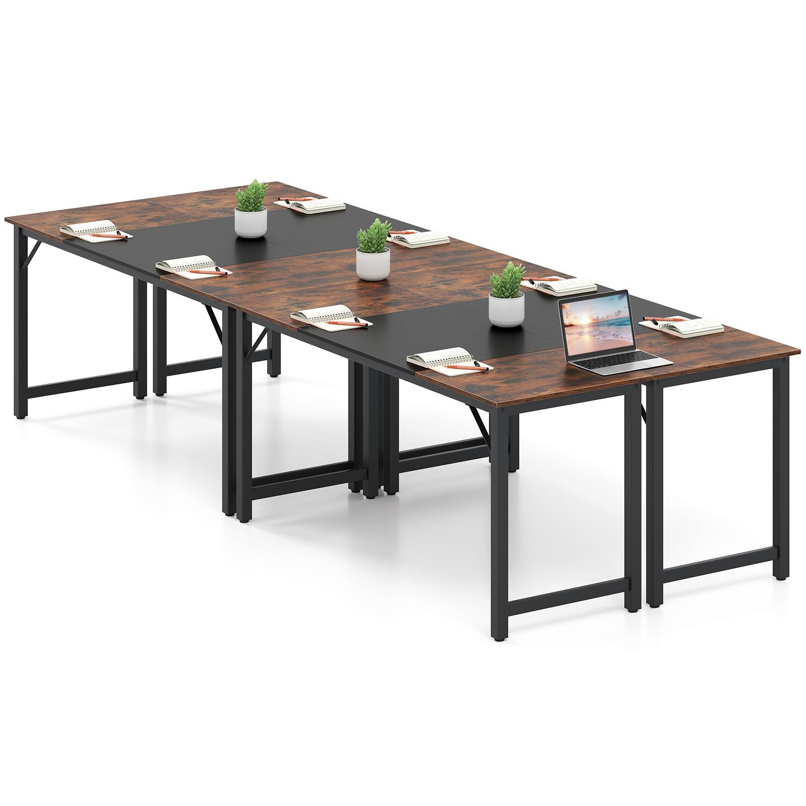 Gymax - 4 PCS 63'' Computer Desk Modern Industrial Office Desk w/ Metal Frame & Large Executive Desk - Rustic Brown, Black
