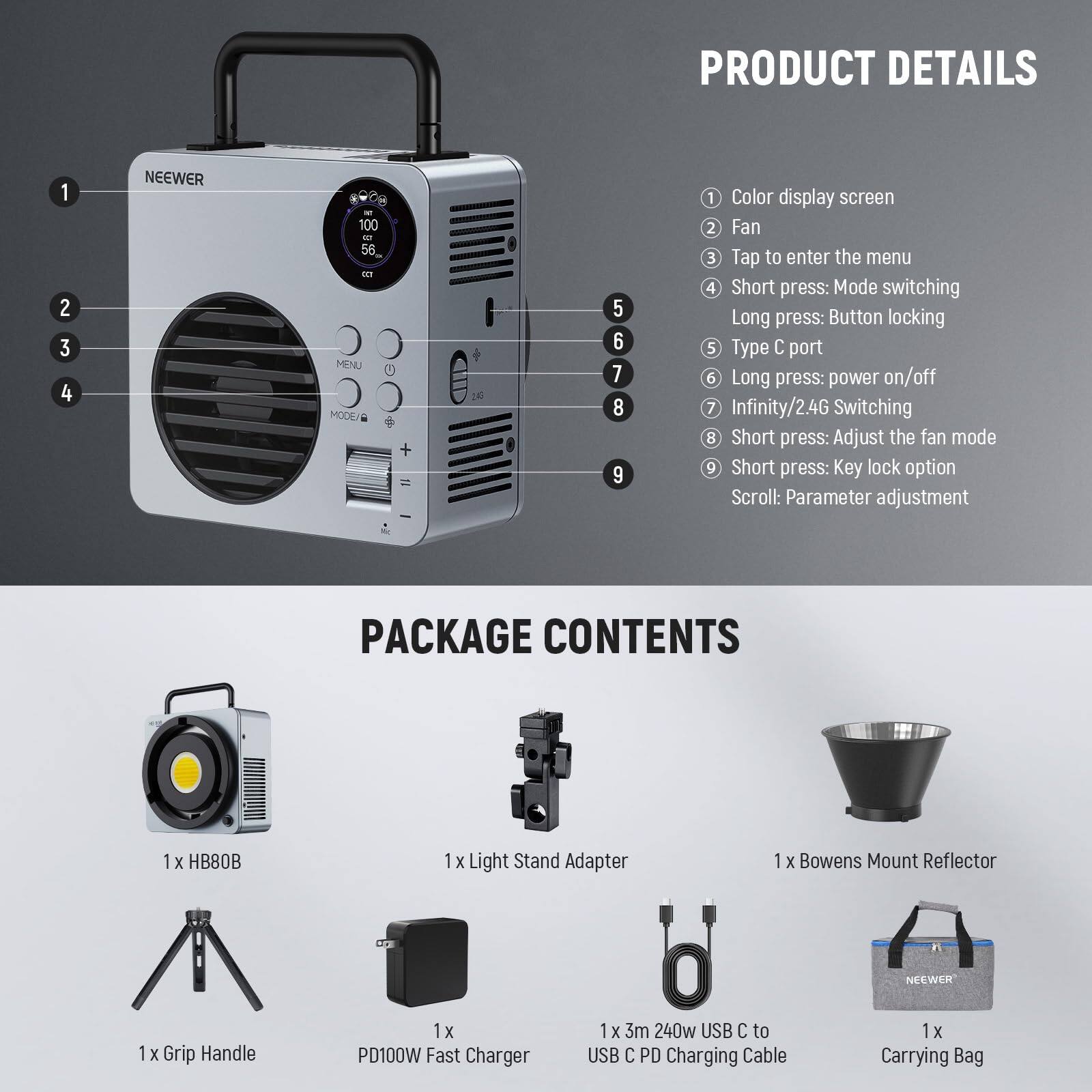 **PRODUCT DETAILS**

1. Color display screen
2. Fan
3. Tap to enter the menu
4. Short press: Mode switching  
   Long press: Button locking
5. Type C port
6. Long press: power on/off
7. Infinity/2.4G Switching
8. Short press: Adjust the fan mode
9. Short press: Key lock option  
   Scroll: Parameter adjustment

**PACKAGE CONTENTS**

- 1 x HB80B
- 1 x Light Stand Adapter
- 1 x Bowens Mount Reflector
- 1 x Grip Handle
- 1 x PD100W Fast Charger
- 1 x 3m 240w USB C to USB C PD Charging Cable
- 1 x Carrying Bag