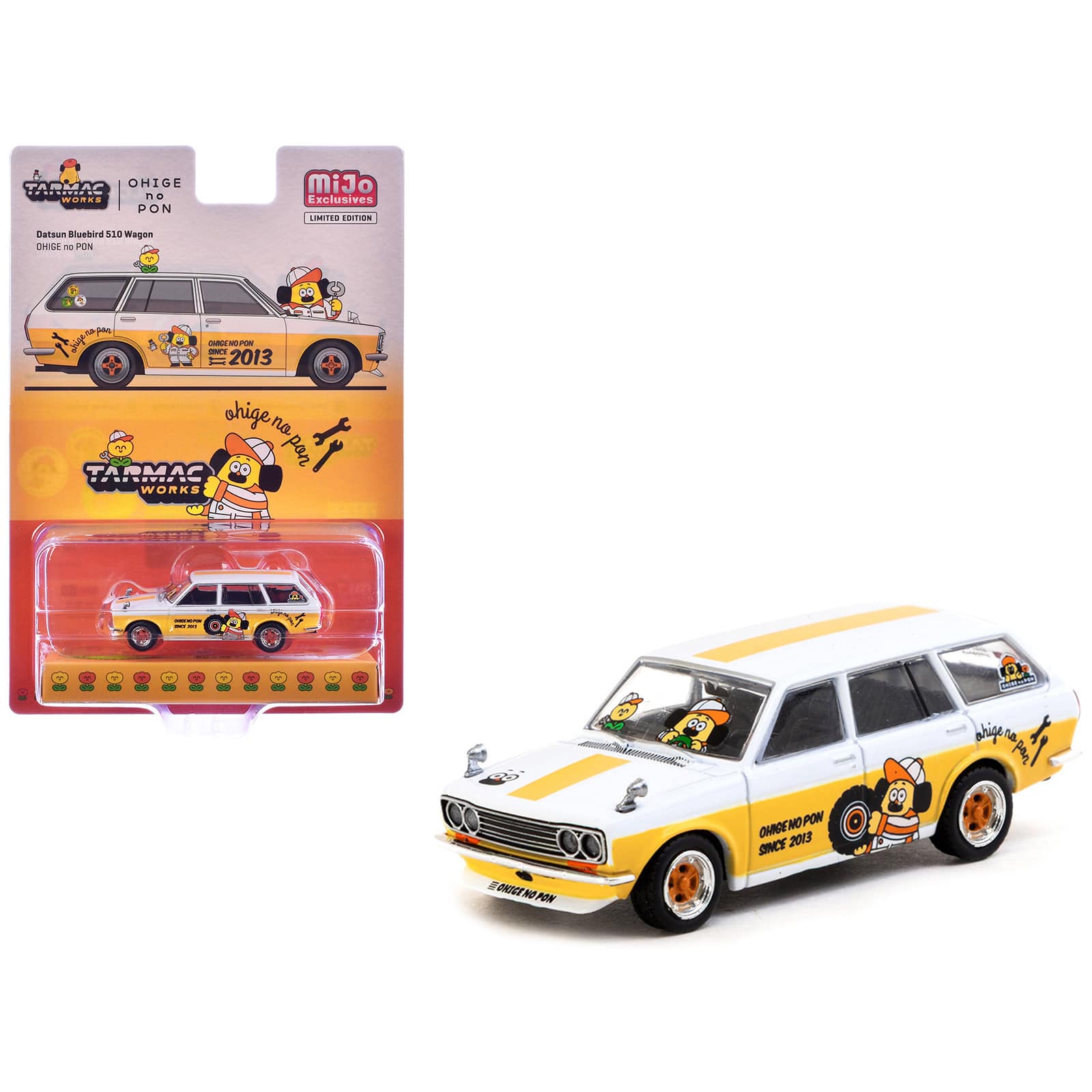 "Datsun Bluebird 510 Wagon ""Ohige no Pon"" White with Orange & Graphics ""Global64"" 1/64 Diecast Model Car by Tarmac Works" price history on PriceWatchPro