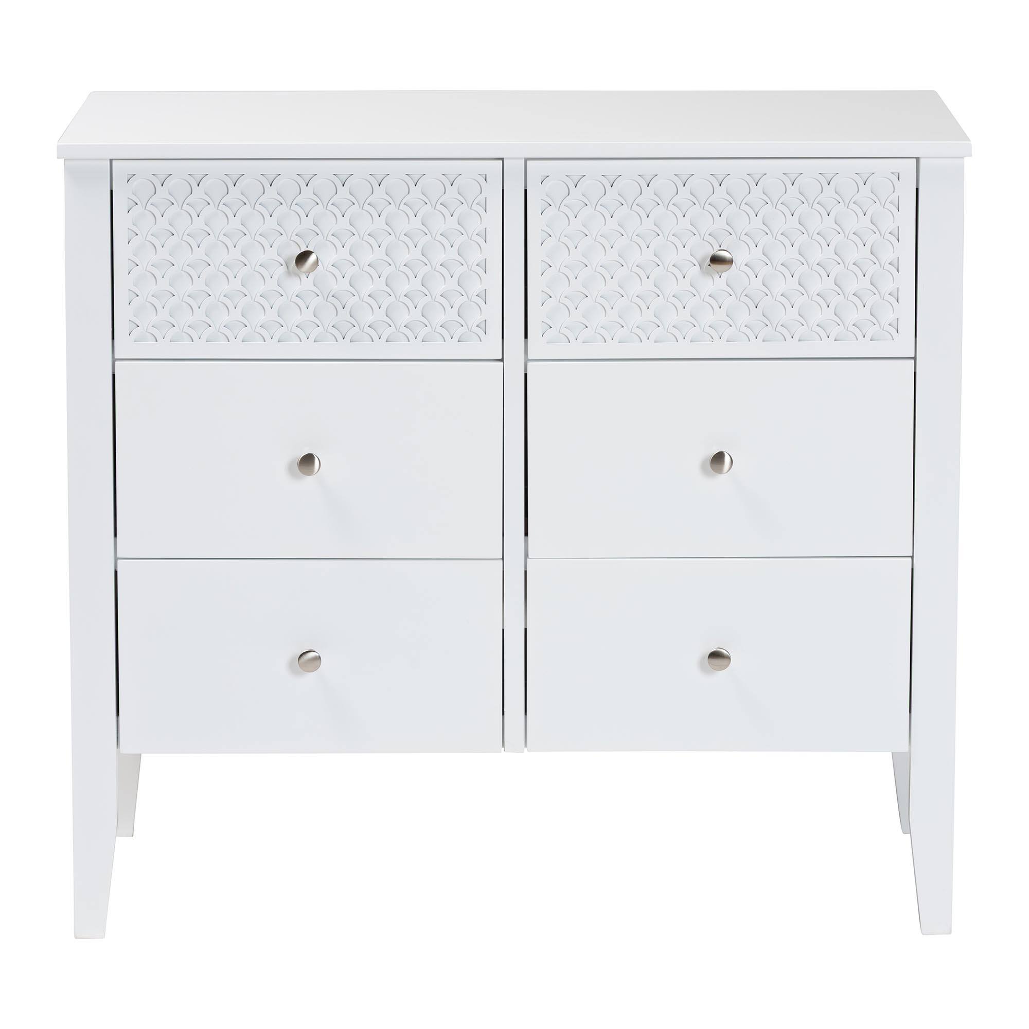 Left. Baxton Studio - Lara Dresser - 6-Drawer Bedroom Storage Chest with Laser-Cut Geometric Overlay for Clothing and Organization - White.