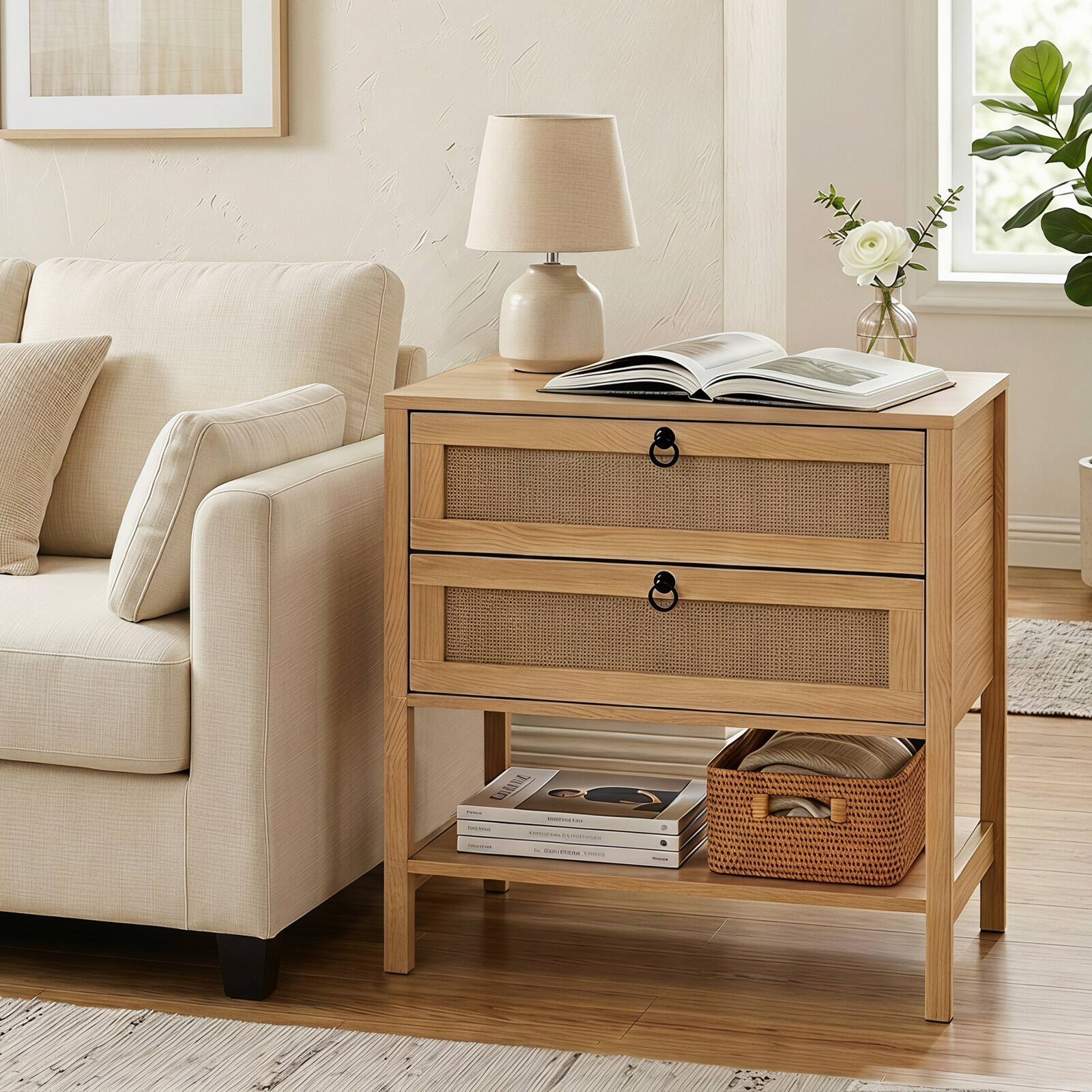 Alt View 1. Costway - Costway 2 PCS 27" Rattan Nightstand with 2 Drawers, Natural Accent Table for Bedroom - Natural Oak.