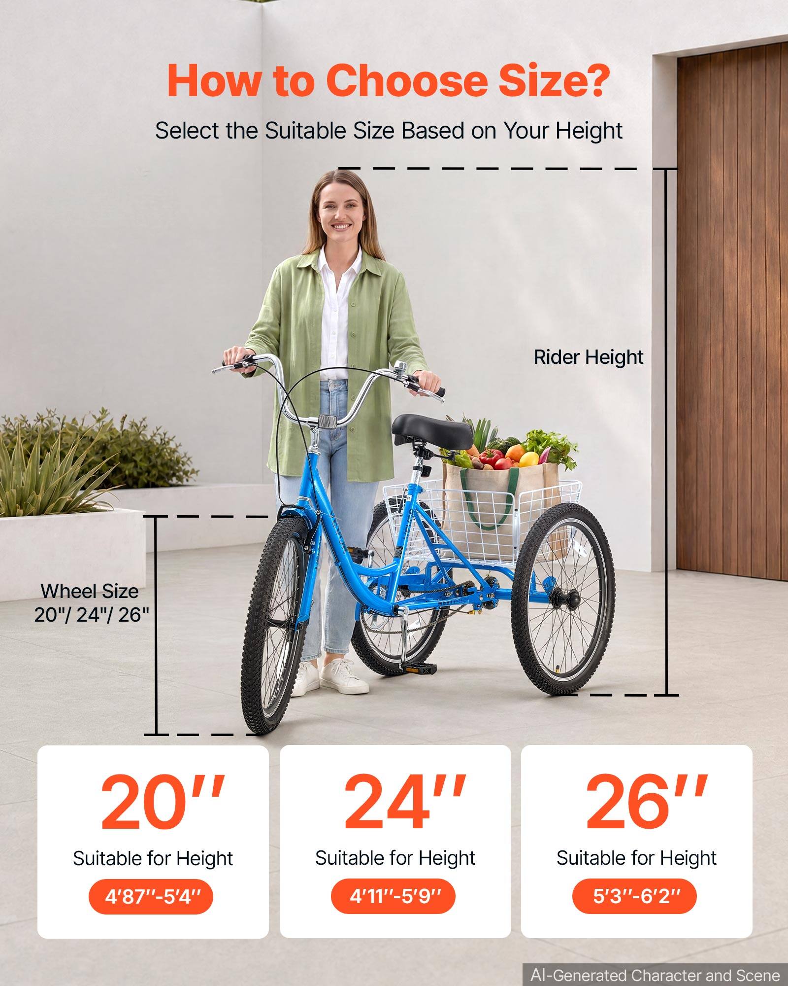 How to Choose Size?  
Select the Suitable Size Based on Your Height

Rider Height  
Wheel Size 20"/24"/26"

20" Suitable for Height  
4'8"-5'4"

24" Suitable for Height  
4'11"-5'9"

26" Suitable for Height  
5'3"-6'2"