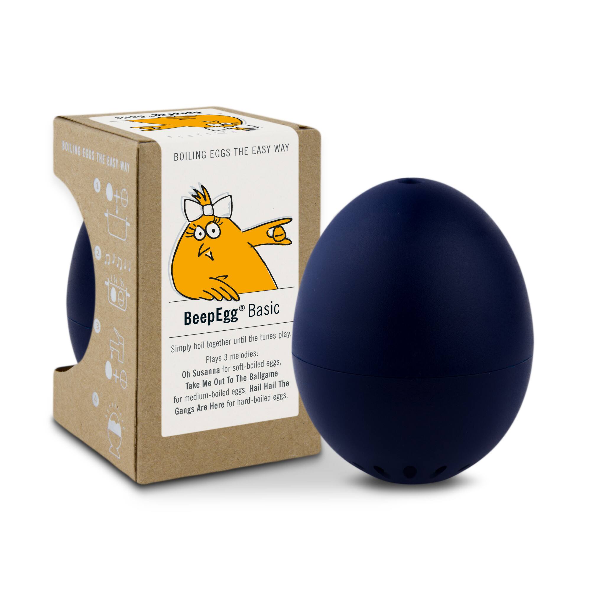 - BOILING EGGS THE EASY WAY
- BeepEgg Basic
- Simply boil together until the tunes play.
- Plays 3 melodies:
  - Oh Susanna for soft-boiled eggs.
  - Take Me Out To The Ballgame for medium-boiled eggs.
  - Hail Hail for hard-boiled eggs.
  - Gangs Are Here