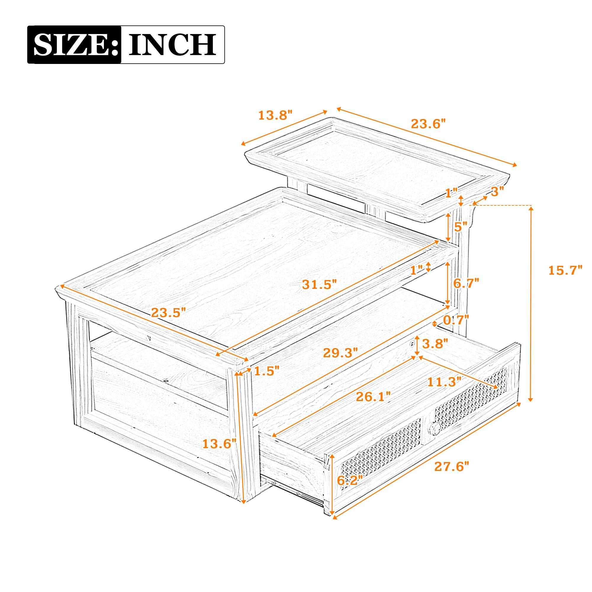 Sure, here is the corrected and grouped text from the image:

**SIZE: INCH**

- 13.8"
- 23.6"
- 1"
- 3"
- 5"
- 1"
- 6.7"
- 31.5"
- 15.7"
- 23.5"
- 0.7"
- 1.5"
- 29.3"
- 26.1"
- 3.8"
- 11.3"
- 13.6"
- 6.2"
- 27.6"