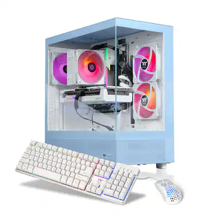 The image features a computer with a keyboard and mouse placed in front of it. The keyboard is white and has a colorful design, while the mouse is also white. The computer case is blue and has a clear window, allowing the user to see the internal components. The computer setup is complete with a monitor, keyboard, and mouse, making it a functional and visually appealing setup.
